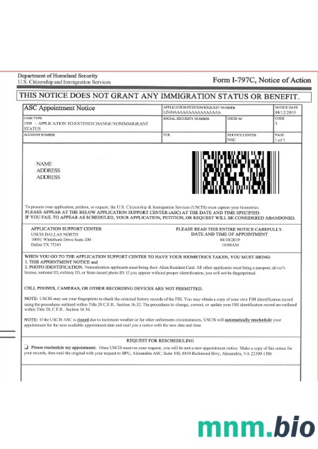 USA Urząd Obywatelstwa i Imigracji formularz I-797C, Powiadomienie o działaniu